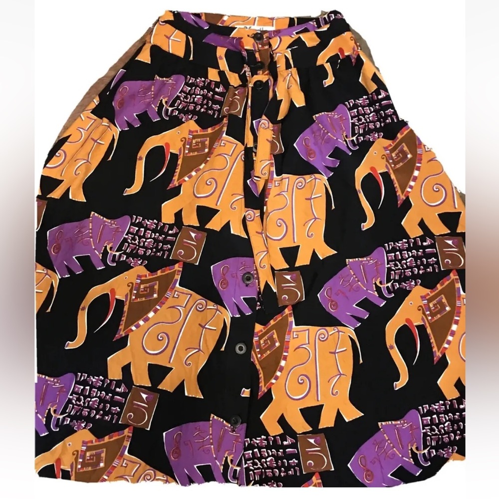 Tribal African SKIRT colorful ELEPHANT PRINT 28” Waist black Purple Gold Button